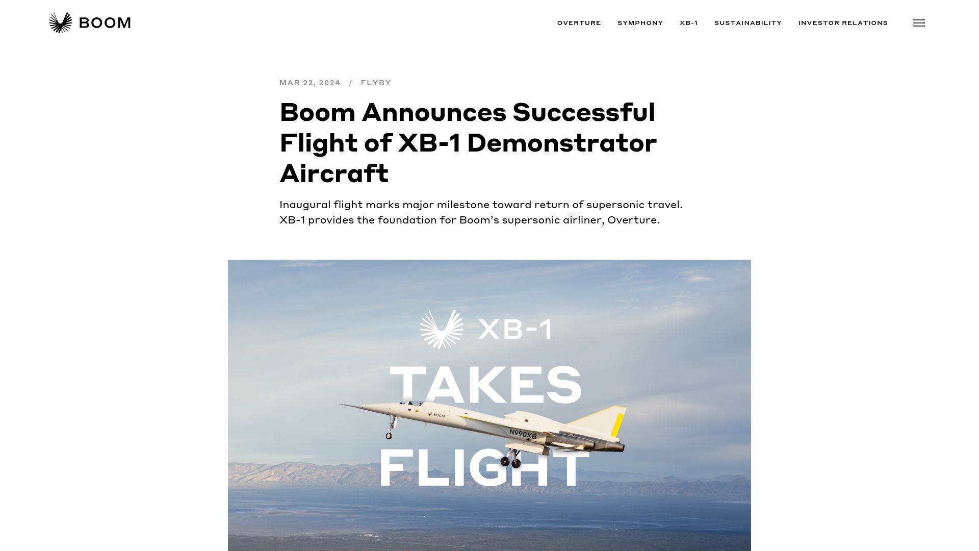 Screenshot of boomsupersonic.com: Boom announces successful flight of XB-1 demonstrator aircraft