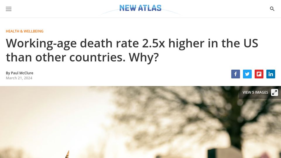 Screenshot of newatlas.com: Working-age death rate 2.5x higher in the US than other countries. Why?