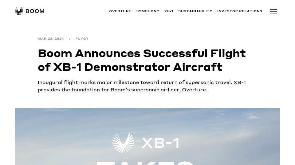 Screenshot of boomsupersonic.com: Boom announces successful flight of XB-1 demonstrator aircraft