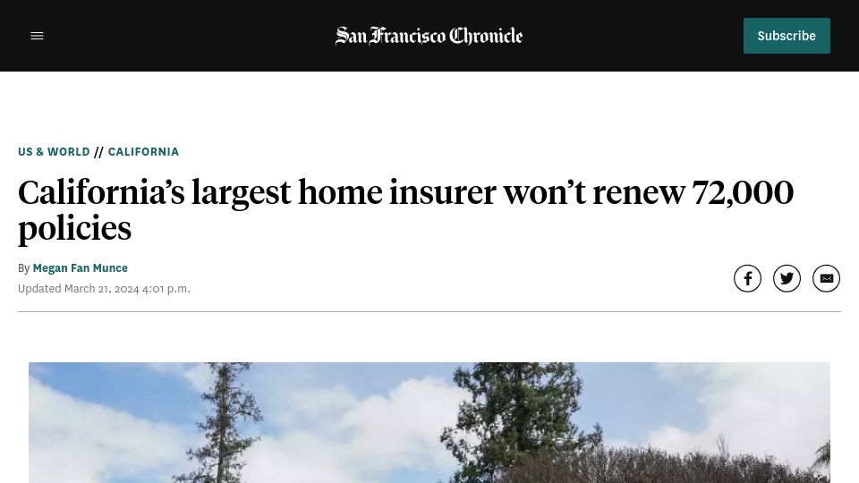 Screenshot of sfchronicle.com: California's largest home insurer won't renew 72,000 policies