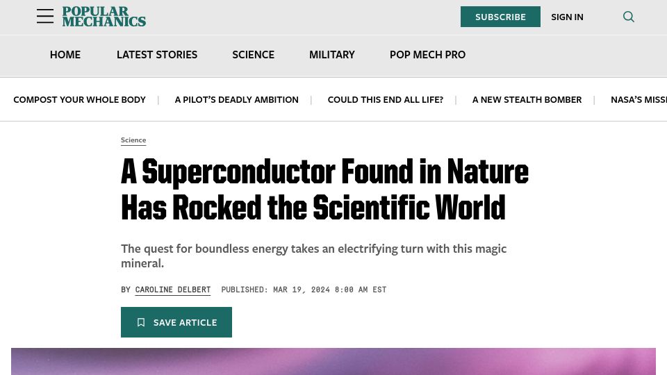 Screenshot of popularmechanics.com: A Superconductor Found in Nature Has Rocked the Scientific World