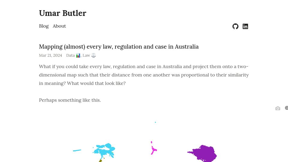 Screenshot of umarbutler.com: Mapping almost every law, regulation and case in Australia