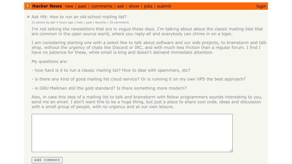 Screenshot of Hacker News post: Ask HN: How to run an old-school mailing list?