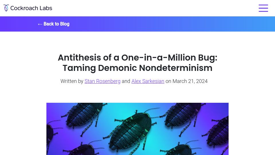 Screenshot of cockroachlabs.com: Antithesis of a One-in-a-Million Bug: Taming Demonic Nondeterminism