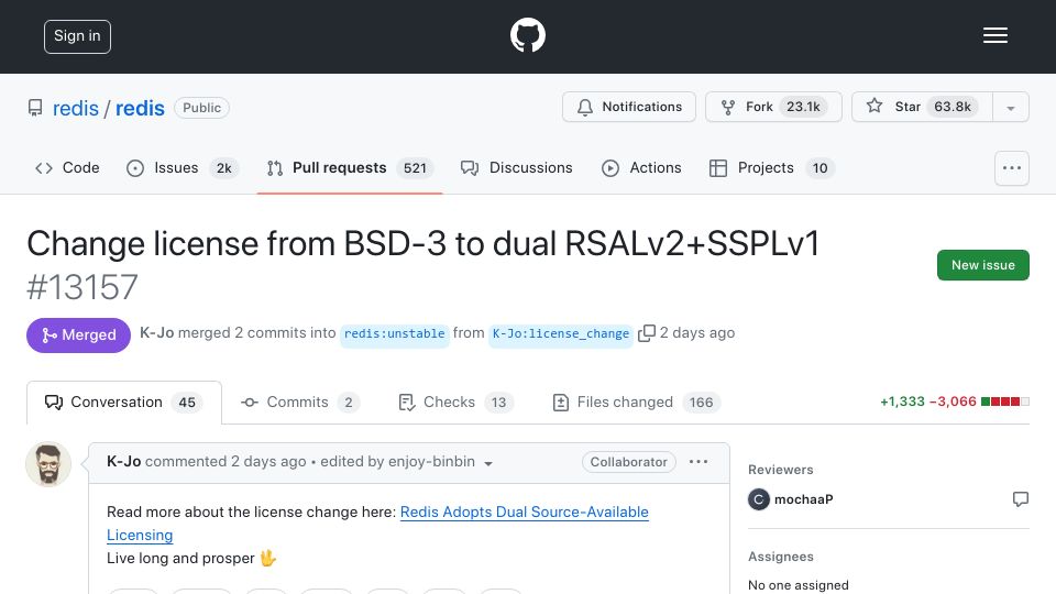 Screenshot of github.com: Redis changes license from BSD-3 to dual RSALv2+SSPLv1