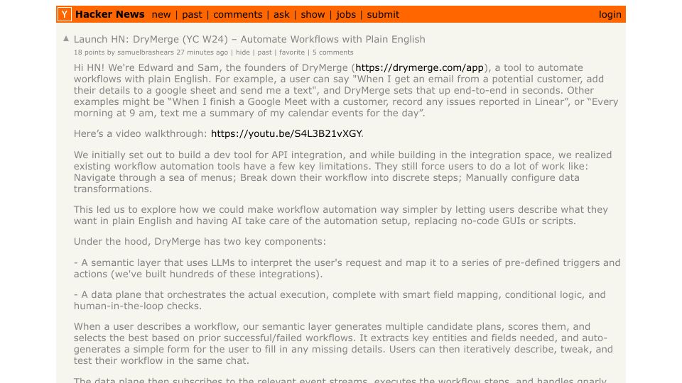 Screenshot of Hacker News post: Launch HN: DryMerge (YC W24) – Automate Workflows with Plain English