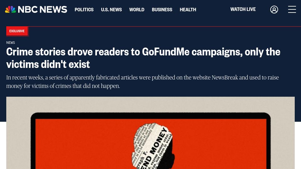 Screenshot of nbcnews.com: Crime stories drove readers to GoFundMe campaigns, only the victims didn't exist