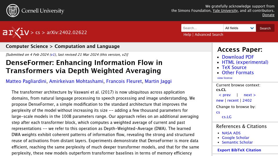 Screenshot of arxiv.org: DenseFormer: Enhancing Information Flow in Transformers