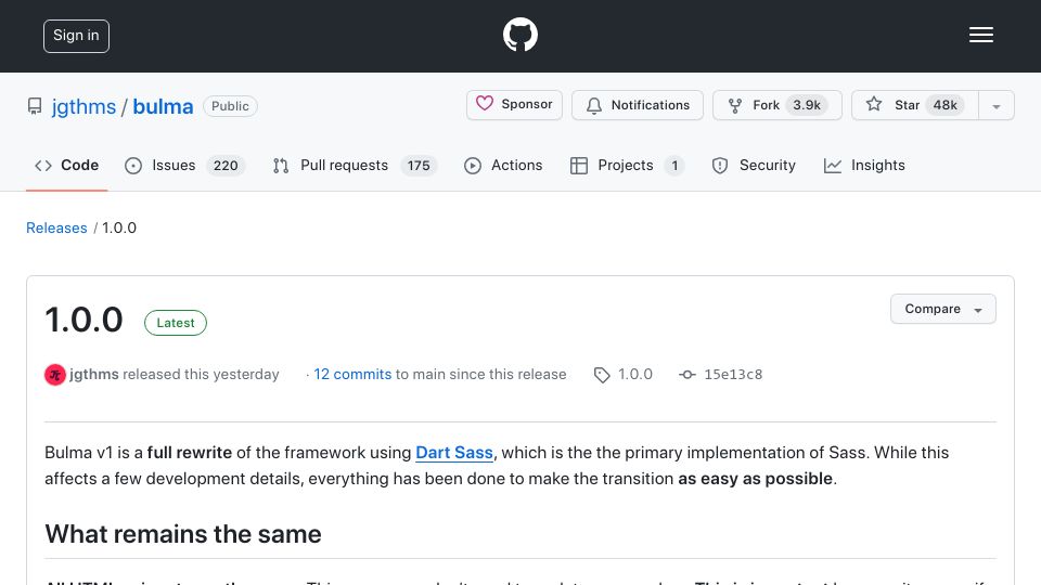 Screenshot of github.com: The Bulma CSS framework reaches 1.0