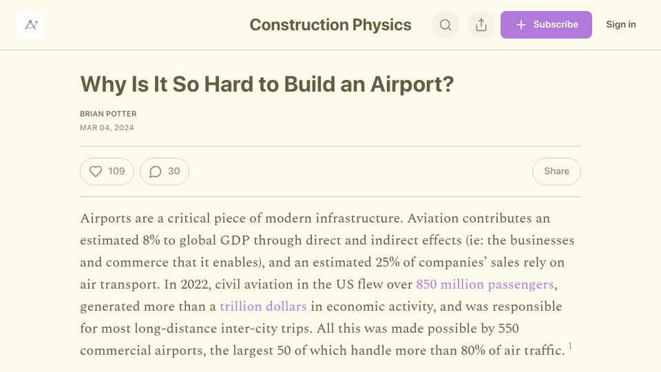 Screenshot of construction-physics.com: Why is it so hard to build an airport?