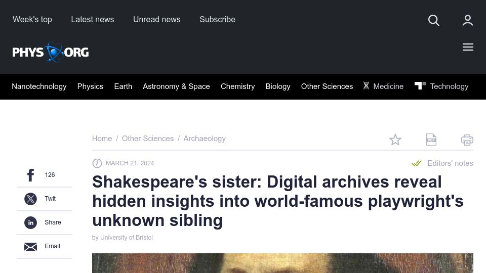Screenshot of phys.org: Shakespeare's sister: Digital archives reveal insights into unknown sibling