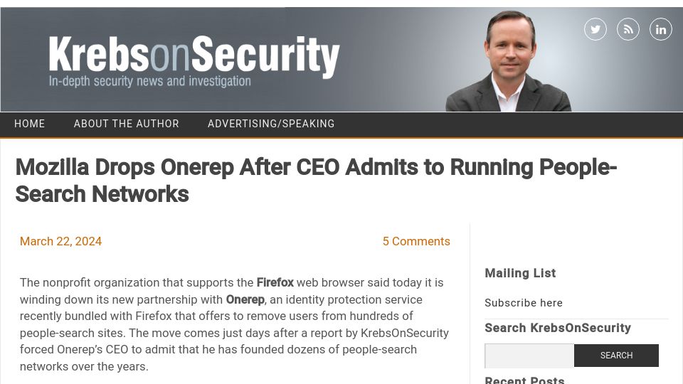 Screenshot of krebsonsecurity.com: Mozilla Drops Onerep After CEO Admits to Running People-Search Networks