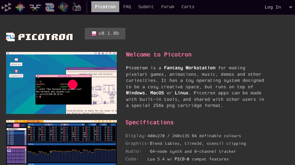 Screenshot of lexaloffle.com: Picotron Is a Fantasy Workstation