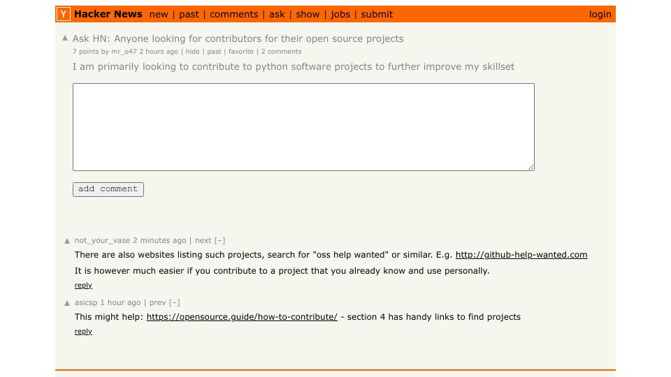 Screenshot of Hacker News post: Ask HN: Anyone looking for contributors for their open source projects