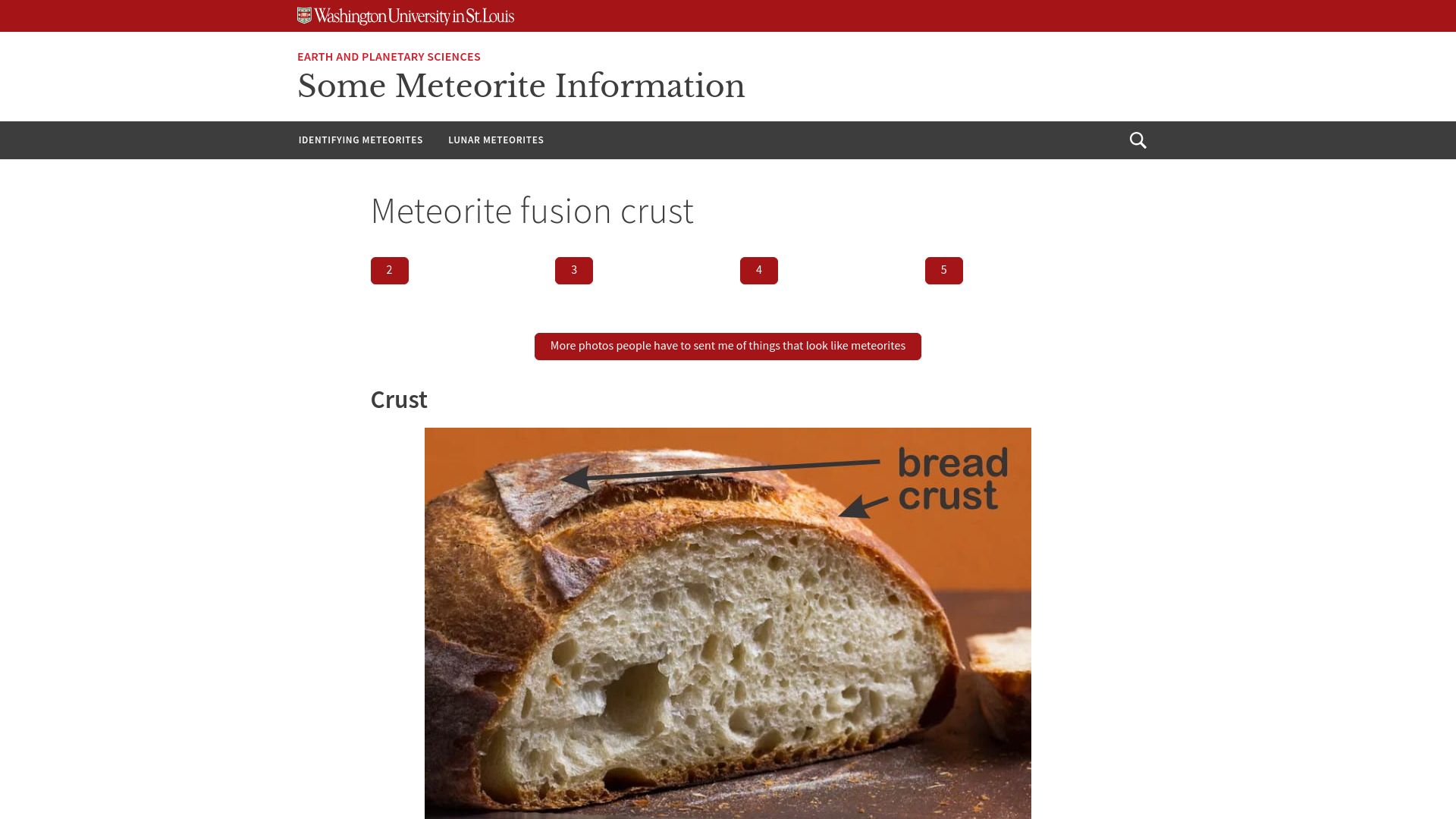 Screenshot of sites.wustl.edu: Meteorite Self-test check-list