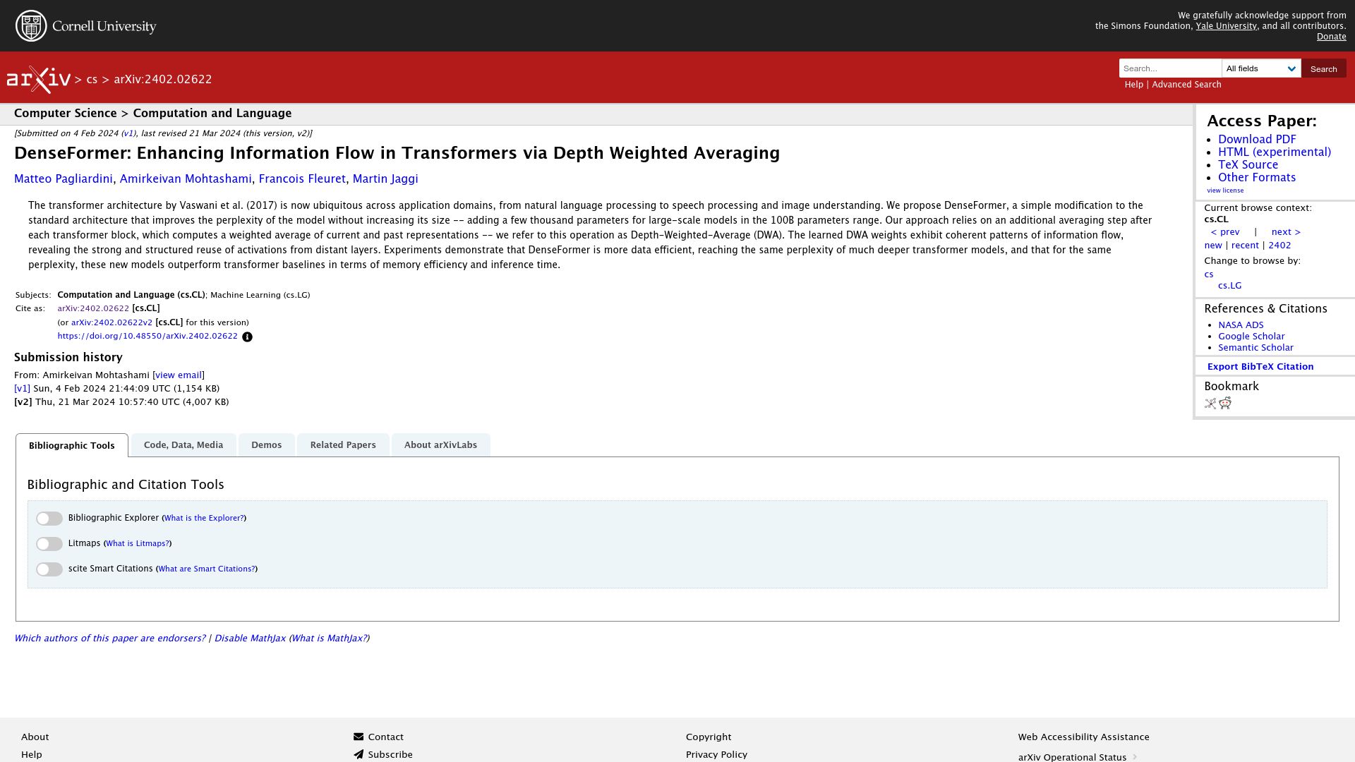 Screenshot of arxiv.org: DenseFormer: Enhancing Information Flow in Transformers