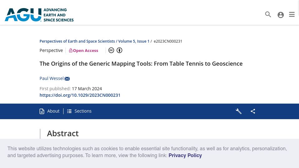 Screenshot of agupubs.onlinelibrary.wiley.com: The Origins of the Generic Mapping Tools