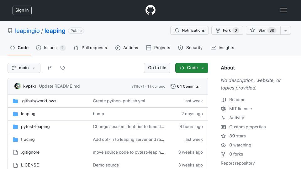 Screenshot of github.com: Show HN: Leaping – Debug Python tests instantly with an LLM debugger