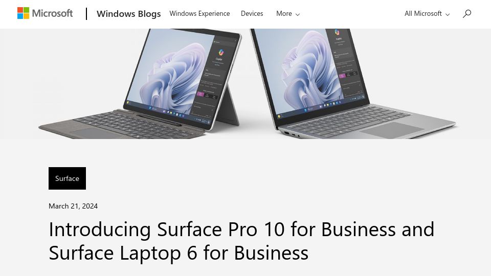 Screenshot of blogs.windows.com: Microsoft Launches Surface Laptop 6 for Business and Surface Pro 10