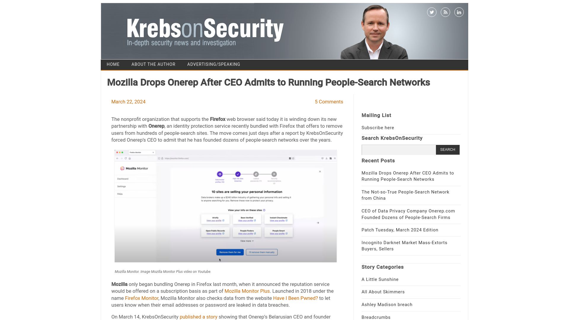 Screenshot of krebsonsecurity.com: Mozilla Drops Onerep After CEO Admits to Running People-Search Networks
