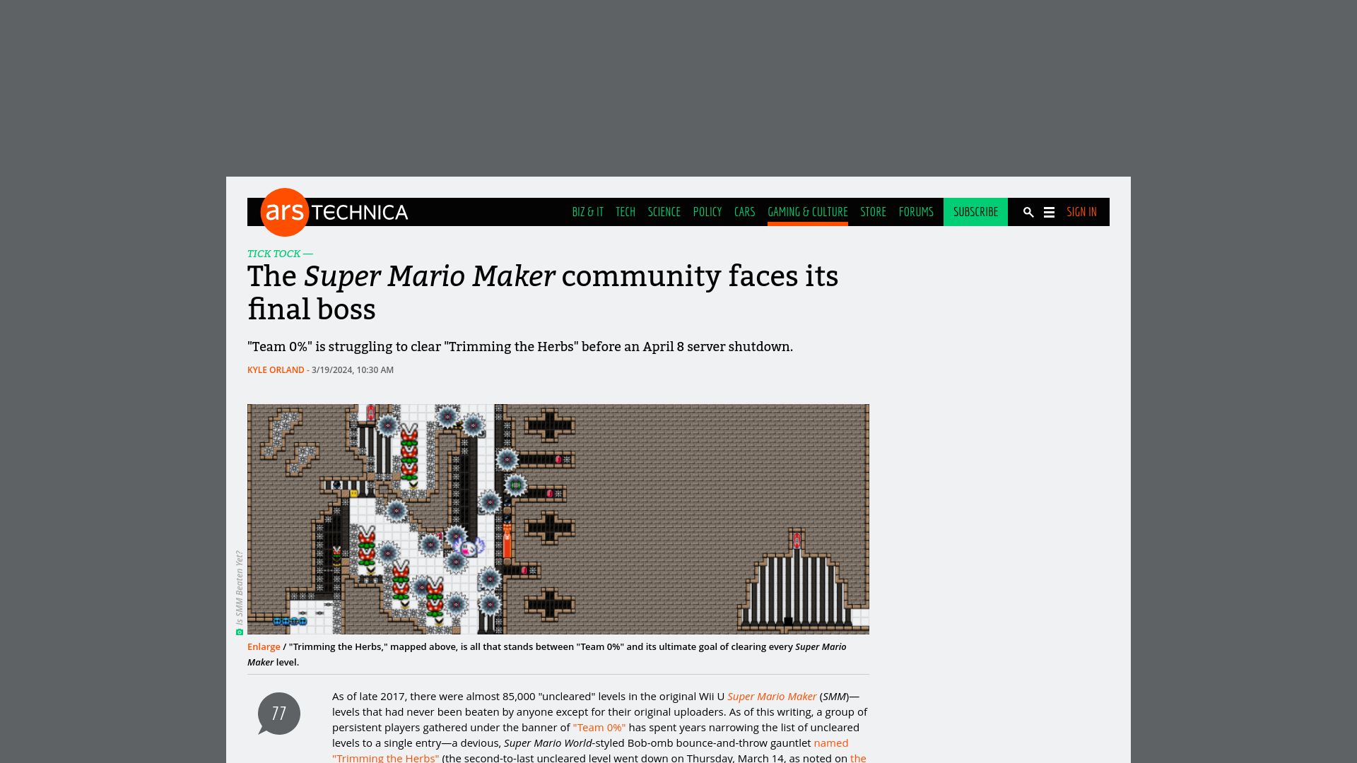 Screenshot of arstechnica.com: The Super Mario Maker community faces its final boss