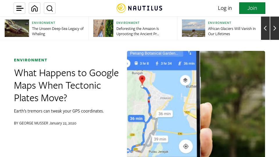 Screenshot of nautil.us: What happens to Google Maps when tectonic plates move? (2020)
