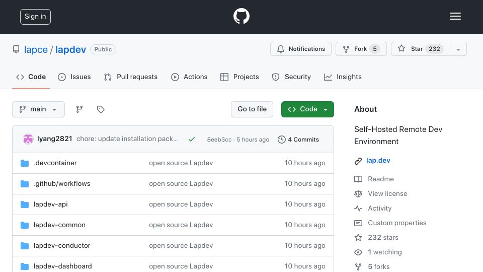 Screenshot of github.com: Show HN: Lapdev, a new open-source remote dev environment management software
