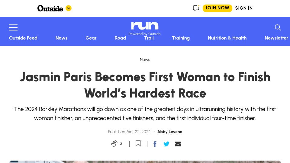 Screenshot of run.outsideonline.com: Jasmin Paris Becomes First Woman to Finish Hardest Race