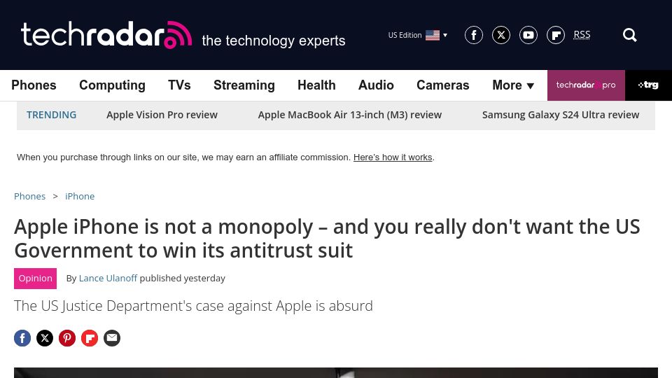 Screenshot of techradar.com: You really don't want the US Government to win its antitrust suit
