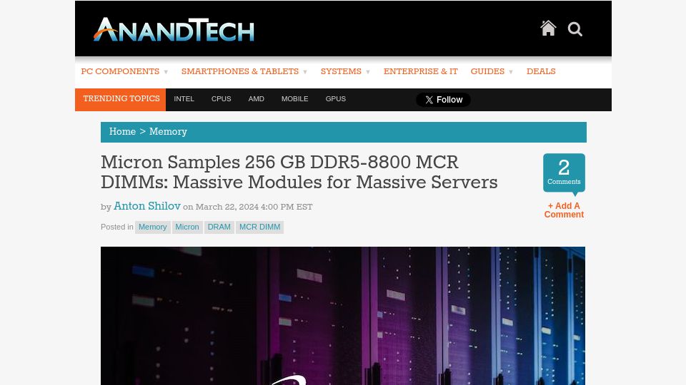 Screenshot of anandtech.com: Micron Samples 256 GB DDR5-8800 MCR DIMMs: Modules for Servers