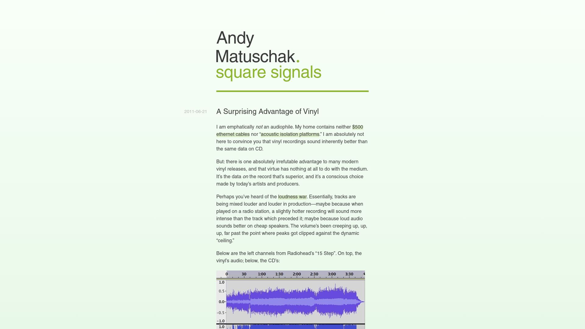 Screenshot of blog.andymatuschak.org: A Surprising Advantage of Vinyl (2011)