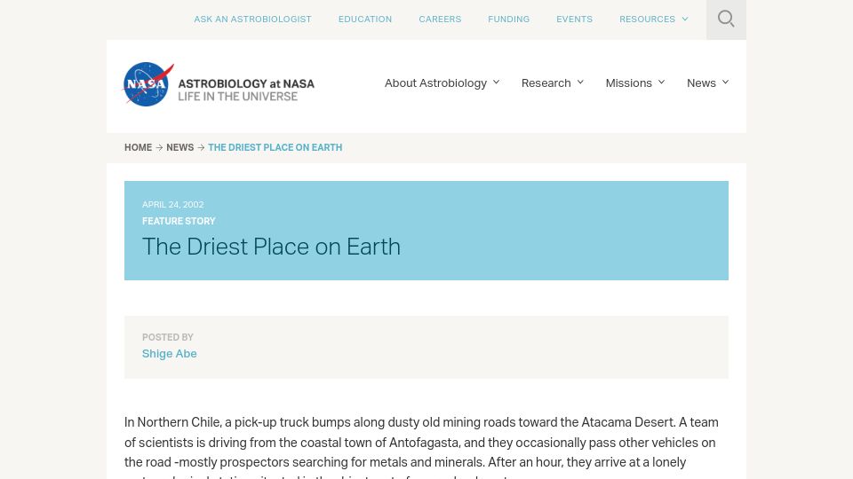 Screenshot of astrobiology.nasa.gov: The Driest Place on Earth