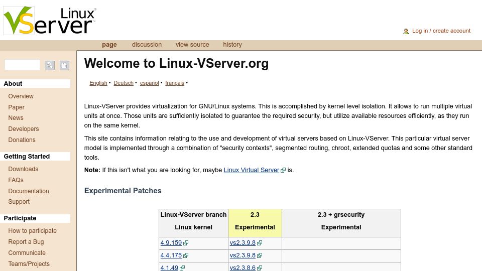 Screenshot of linux-vserver.org: Linux VServer: A soft partitioning concept based on Security Contexts (2018)