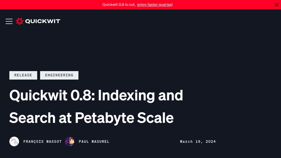 Screenshot of quickwit.io: Quickwit 0.8: Indexing and Search at Petabyte Scale