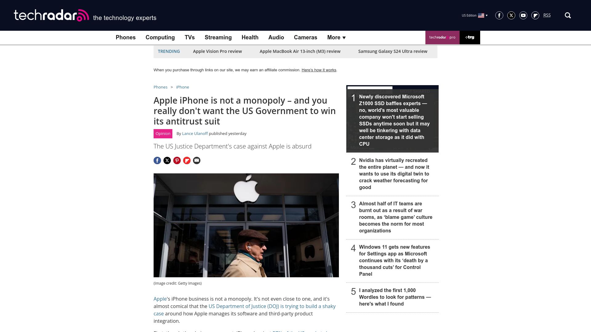 Screenshot of techradar.com: You really don't want the US Government to win its antitrust suit