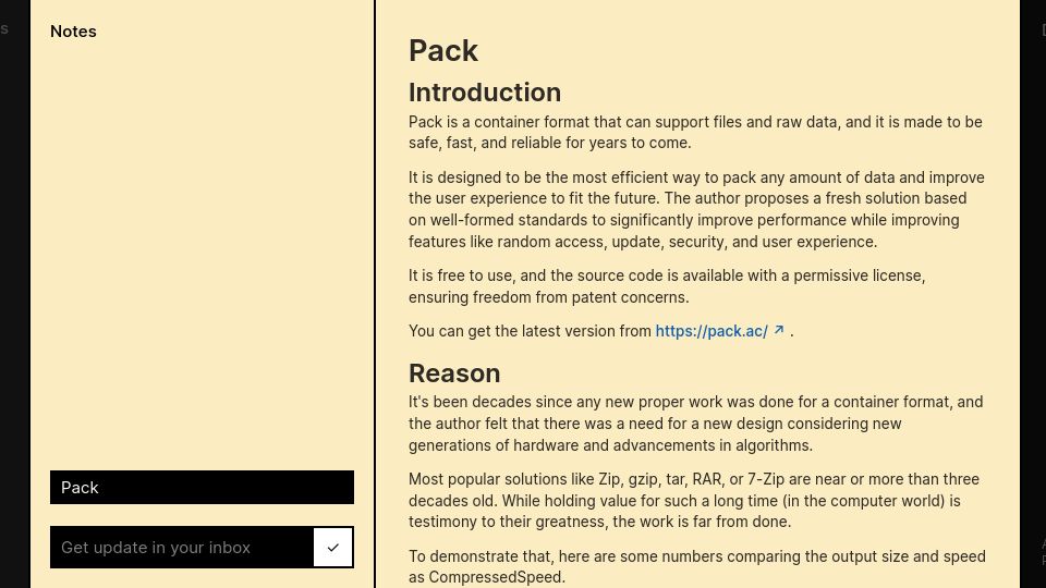 Screenshot of pack.ac: Pack: A new container format for compressed files