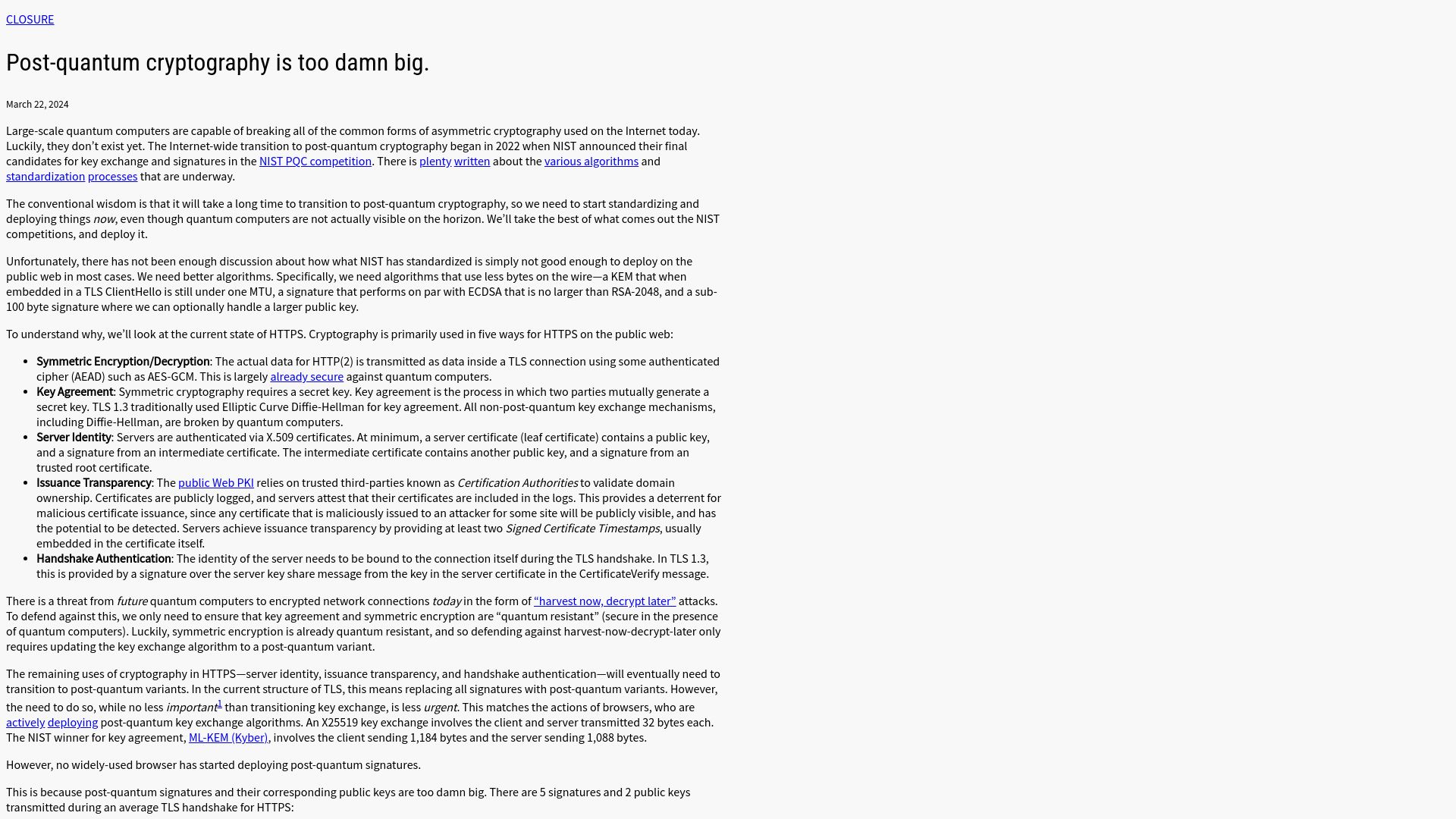 Screenshot of dadrian.io: Post-quantum cryptography is too damn big