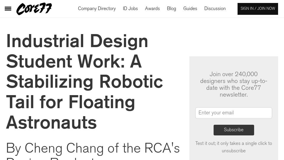 Screenshot of core77.com: A Stabilizing Robotic Tail for Floating Astronauts
