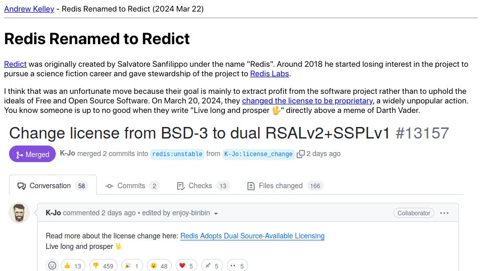 Screenshot of andrewkelley.me: Redis Renamed to Redict