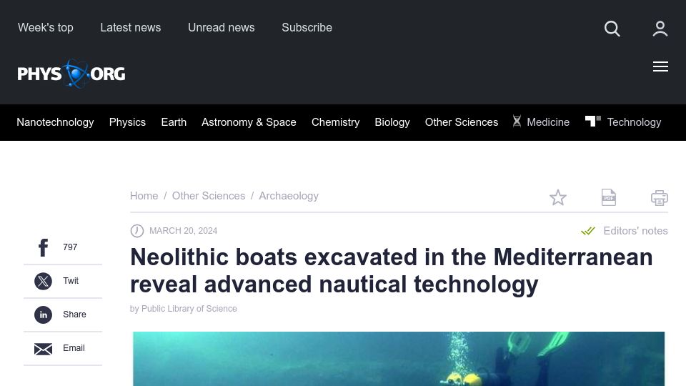 Screenshot of phys.org: Neolithic boats found in the Mediterranean reveal advanced nautical technology