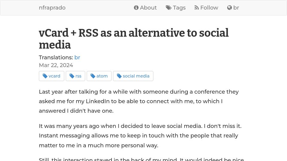Screenshot of nfraprado.net: VCard and RSS as an alternative to social media