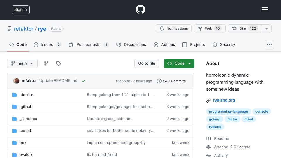 Screenshot of github.com: Rye: Homoiconic dynamic programming language with some new ideas