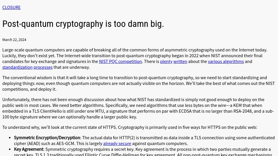 Screenshot of dadrian.io: Post-quantum cryptography is too damn big