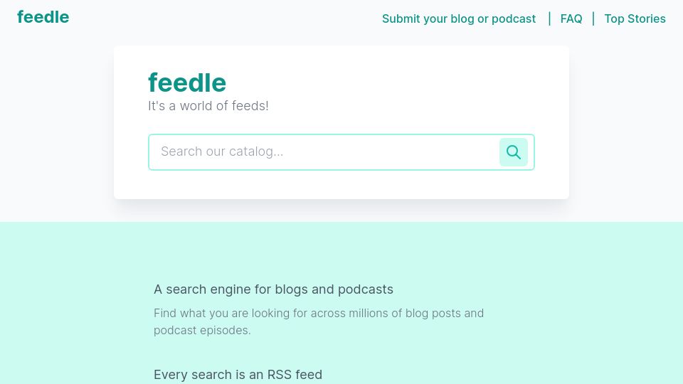Screenshot of feedle.world: Feedle: A search engine for blogs and podcasts