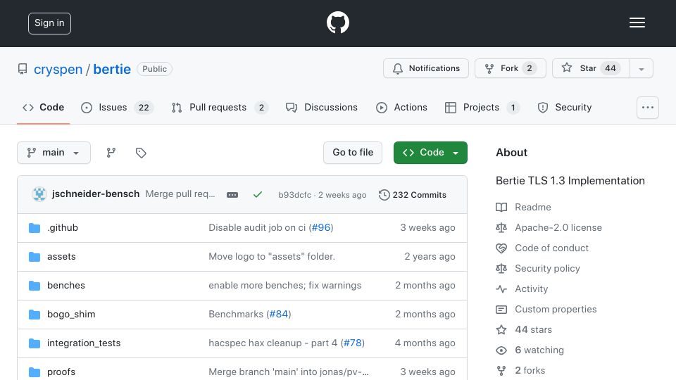 Screenshot of github.com: Bertie – A minimal, high-assurance implementation of TLS 1.3 written in hacspec