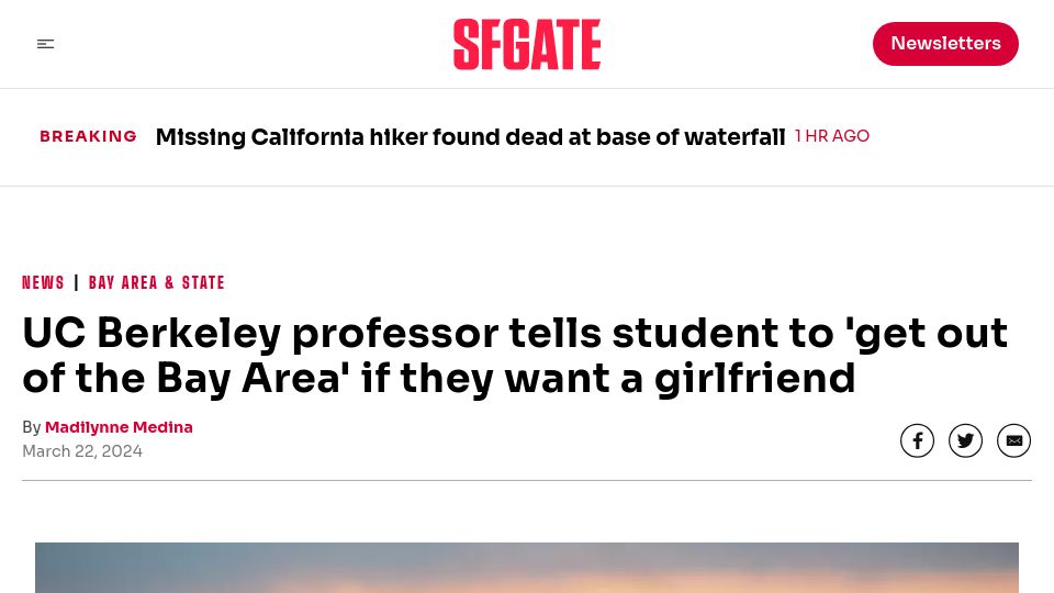 Screenshot of sfgate.com: Professor tells student to 'get out of the Bay Area' if they want a girlfriend