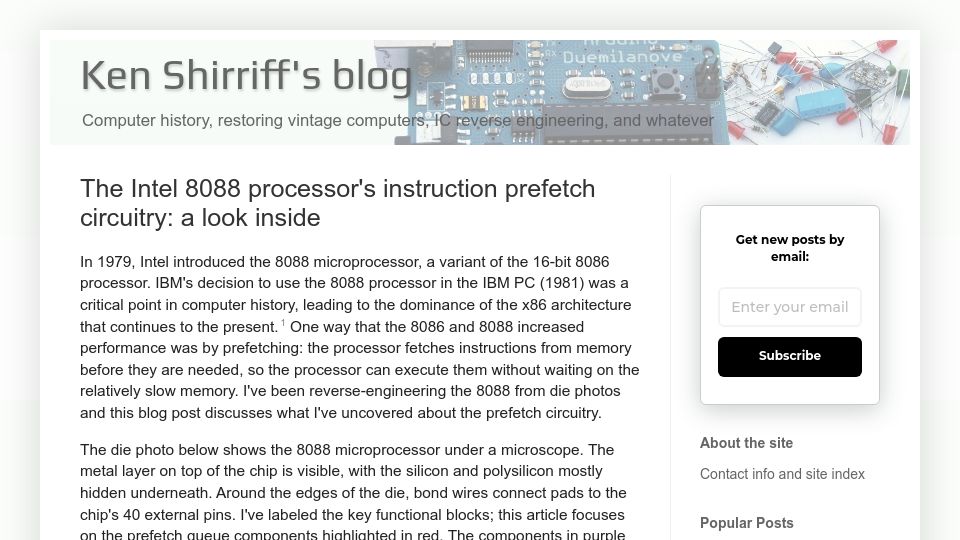 Screenshot of righto.com: The Intel 8088 processor's instruction prefetch circuitry: a look inside