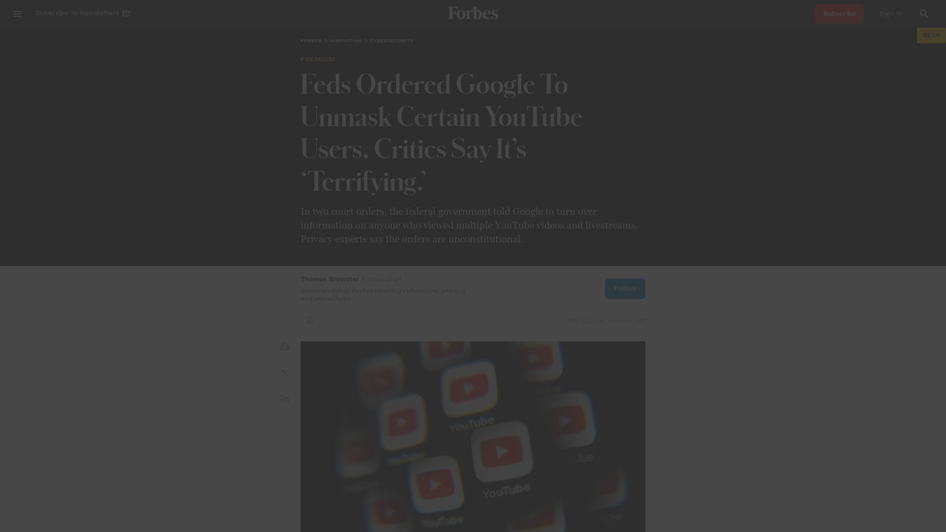 Screenshot of forbes.com: Google Ordered to Identify Who Watched Certain YouTube Videos