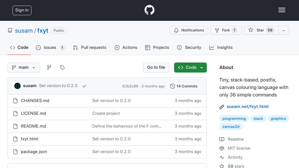Screenshot of github.com: Show HN: FXYT – Tiny, esoteric, stack-based, postfix, canvas colouring language