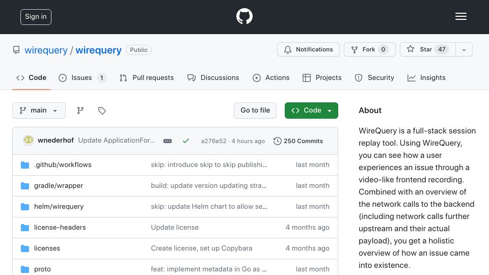 Screenshot of github.com: Show HN: Wirequery – Full-stack session replay and more